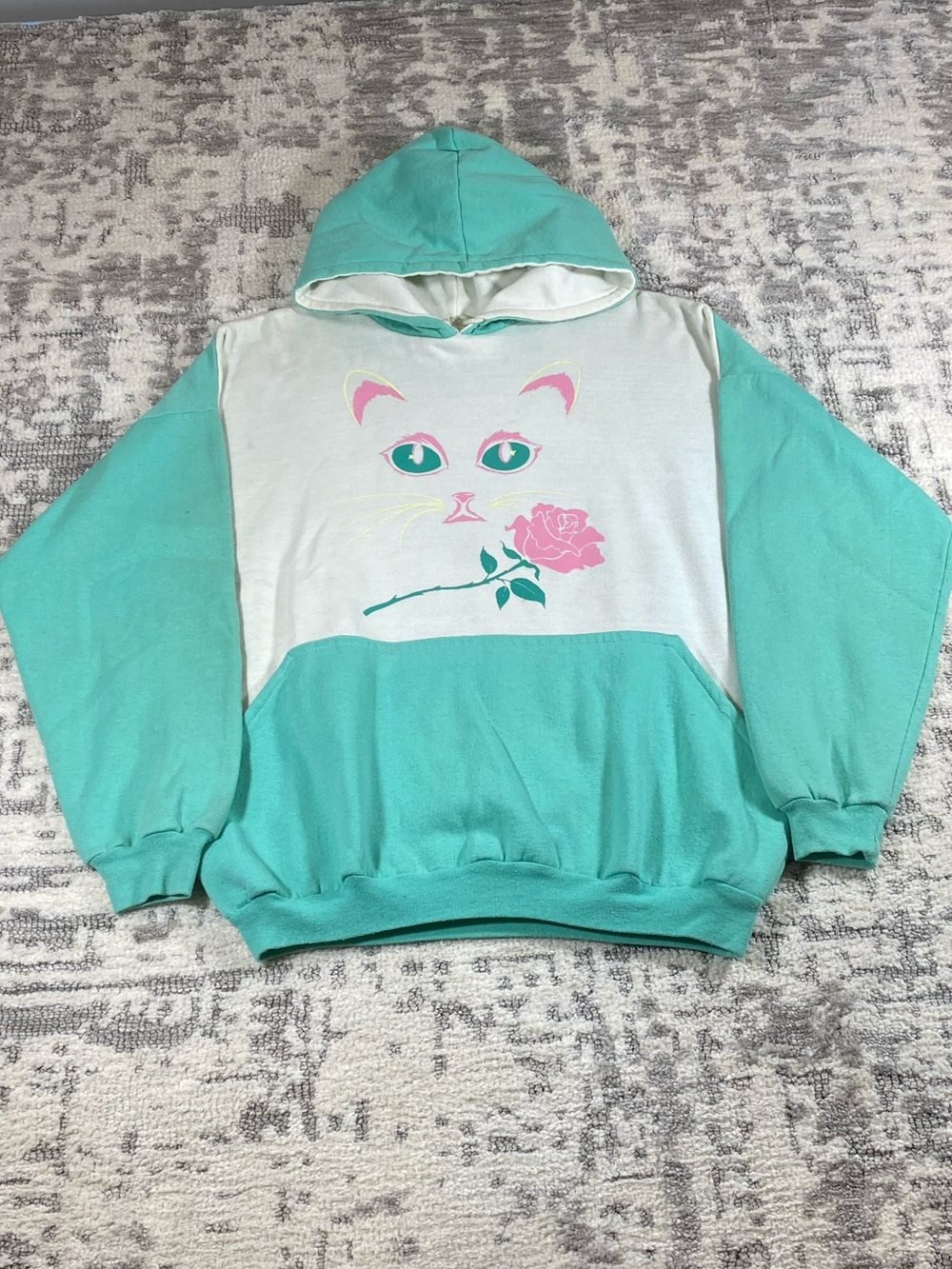 80s Vintage/Cottage Turquoise Cat Hoodie